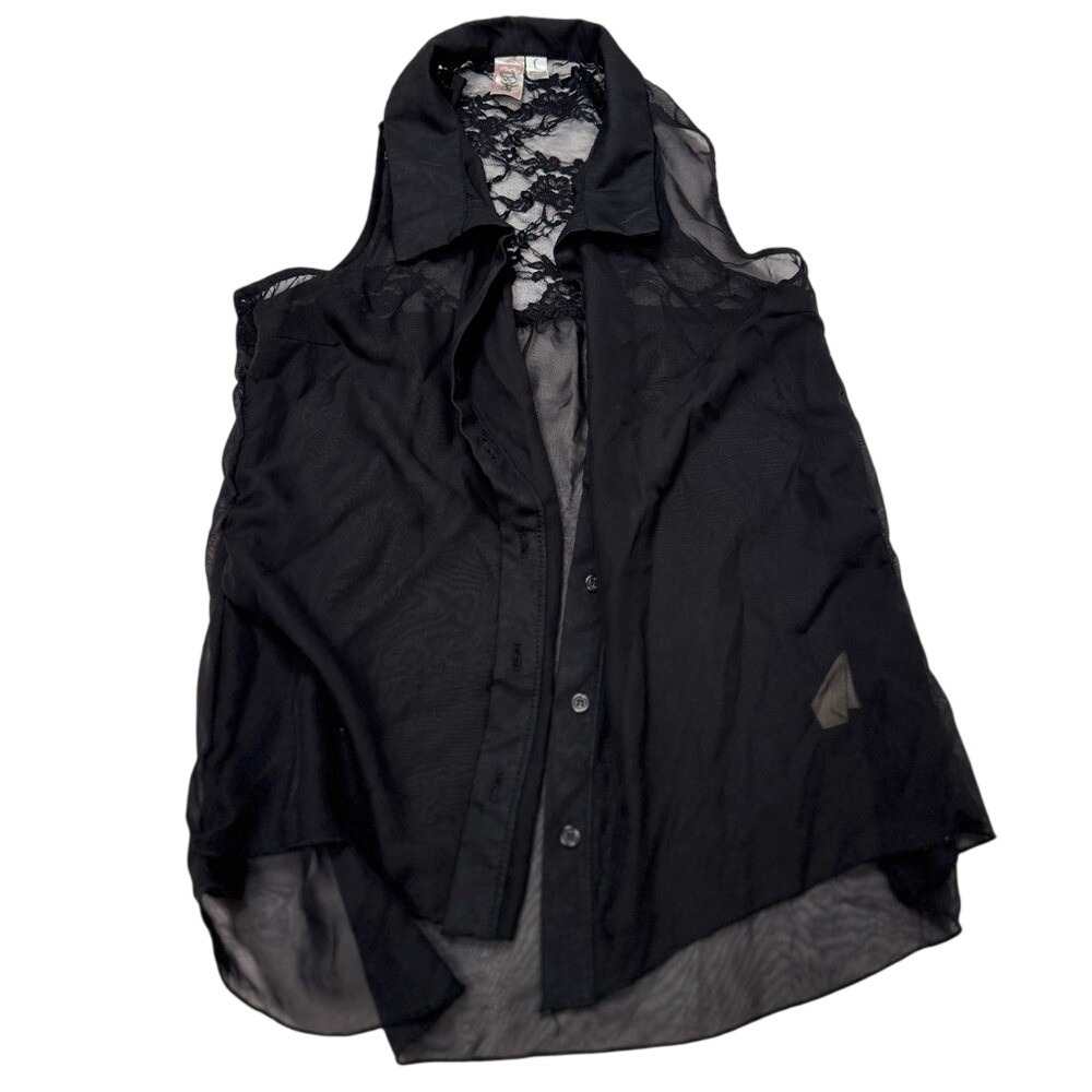L8teR Sheer Black‎ Chiffon Lace Back Blouse Women's Large Y2K Sleeveless Top